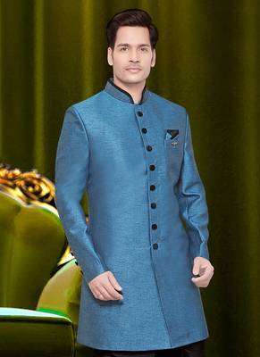 Blue plain jute sherwani 3