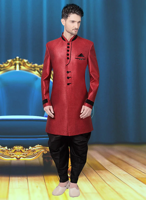 Red plain jute jodhpuri-sherwani 1