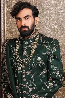Green embroidered art silk sherwani
