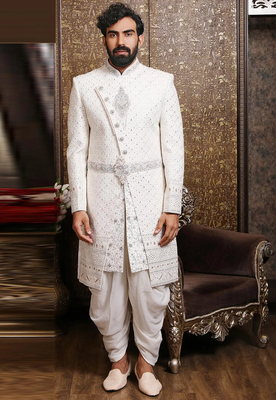 White embroidered art silk sherwani 1