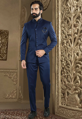 Blue Rayon Chinese Collar Designer Jodhpuri Sherwani Suit with Trouser 1