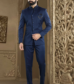 Blue Rayon Chinese Collar Designer Jodhpuri Sherwani Suit with Trouser
