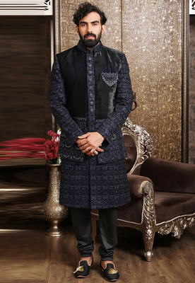 Black embroidered art silk sherwani 1
