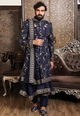 Blue embroidered art silk sherwani 1