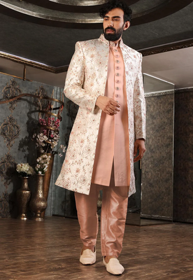 Beige embroidered art silk sherwani 1