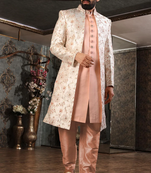 Beige embroidered art silk sherwani