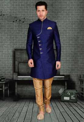 Blue plain art silk sherwani 1