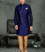 Blue plain art silk sherwani