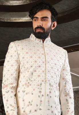Fawn embroidered art silk sherwani 2