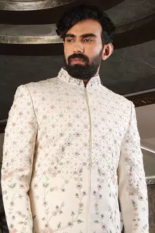 Fawn embroidered art silk sherwani