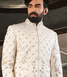 Fawn embroidered art silk sherwani