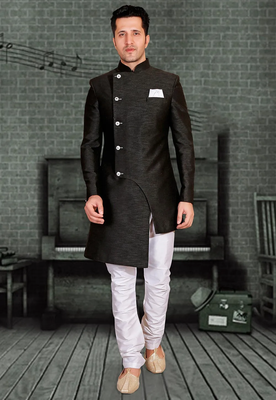 Black plain art silk sherwani 1