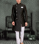 Black plain art silk sherwani