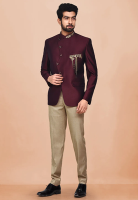 Maroon embroidered rayon jodhpuri-sherwani 1