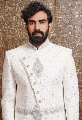 White embroidered art silk sherwani 2