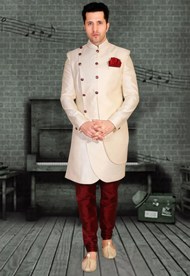 Fawn plain art silk sherwani 1