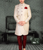 Fawn plain art silk sherwani