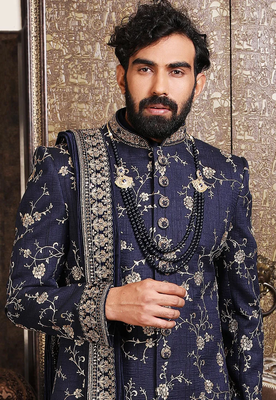 Blue embroidered art silk sherwani 2
