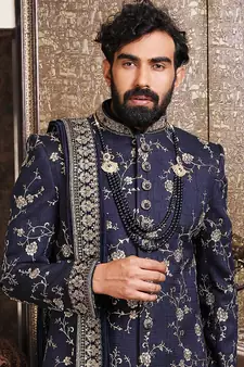 Blue embroidered art silk sherwani