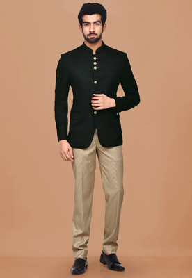 Black plain polyester jodhpuri-sherwani 1