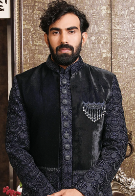 Black embroidered art silk sherwani 2