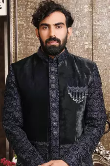 Black embroidered art silk sherwani