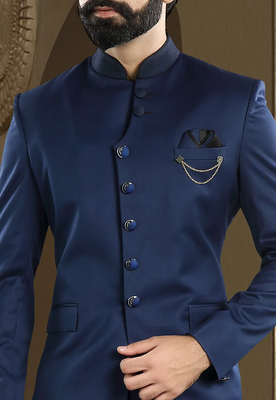 Blue Rayon Chinese Collar Designer Jodhpuri Sherwani Suit with Trouser 2