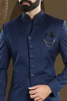 Blue Rayon Chinese Collar Designer Jodhpuri Sherwani Suit with Trouser