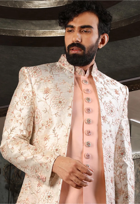 Beige embroidered art silk sherwani 2