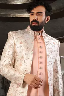 Beige embroidered art silk sherwani