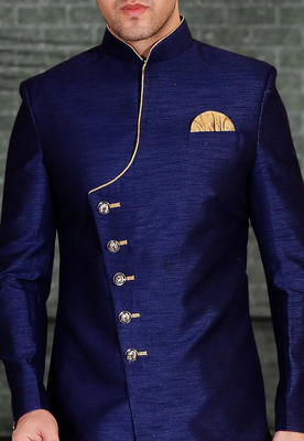 Blue plain art silk sherwani 2