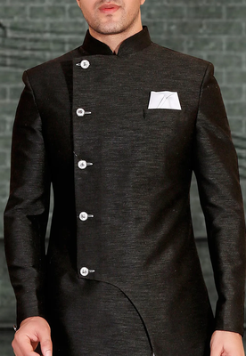 Black plain art silk sherwani 2