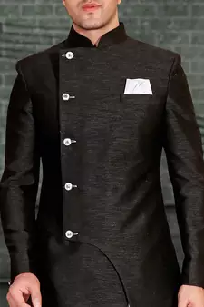 Black plain art silk sherwani