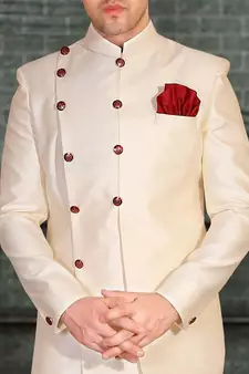 Fawn plain art silk sherwani