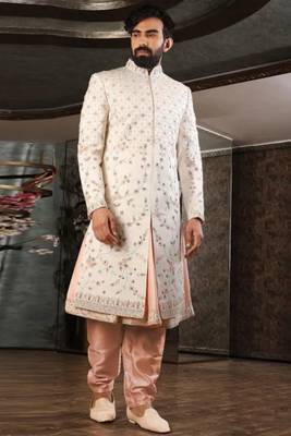 Fawn embroidered art silk sherwani 1