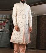 Fawn embroidered art silk sherwani