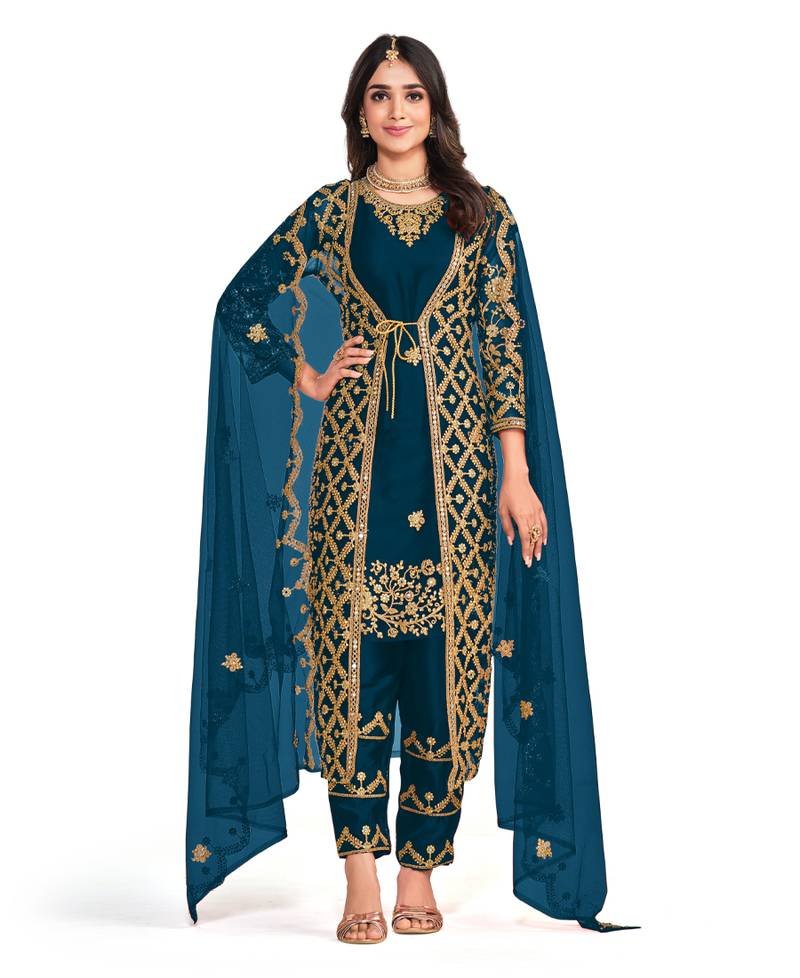 Blue Koti Style Eid Salwar Suit Net