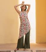 Ivory Floral Print Halter Neck Assymetrical Kurta With Flared Pant