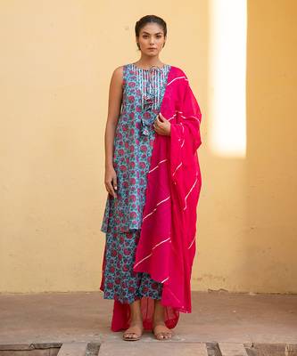 Bella Blue Pink Floral Kurta With Short Pant And Fuschia Pink Dupatta Set 1