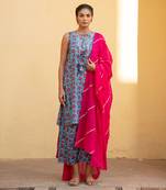 Bella Blue Pink Floral Kurta With Short Pant And Fuschia Pink Dupatta Set