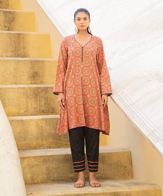 Burnt Orange Ajrak Neck Detailing Kurta With Black Beauty Pant Set 1