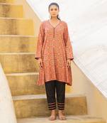 Burnt Orange Ajrak Neck Detailing Kurta With Black Beauty Pant Set