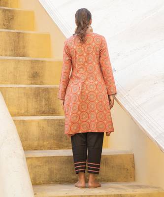 Burnt Orange Ajrak Neck Detailing Kurta With Black Beauty Pant Set 2