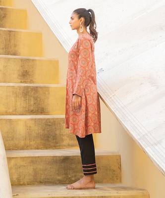 Burnt Orange Ajrak Neck Detailing Kurta With Black Beauty Pant Set 3