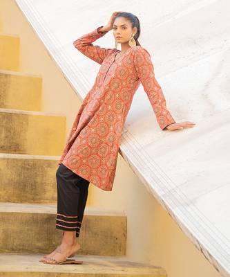 Burnt Orange Ajrak Neck Detailing Kurta With Black Beauty Pant Set 4