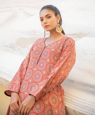 Burnt Orange Ajrak Neck Detailing Kurta With Black Beauty Pant Set 5