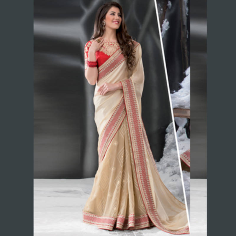 Beige embroidered jacquard saree with blouse Swaron 606446