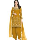 Yellow Color Real Mirror Embroidered Soft Silk Cotton Patiala Salwar Suit Semi Stitched