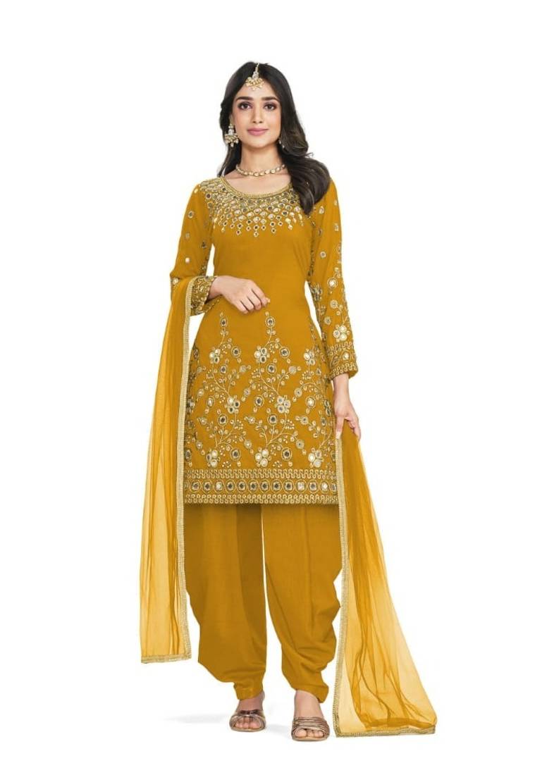 Yellow Color Real Mirror Embroidered Soft Silk Cotton Patiala Salwar Suit Semi Stitched