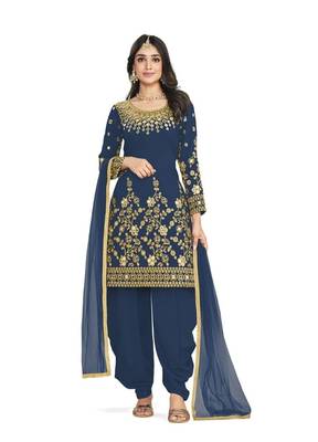 Blue Color Real Mirror Embroidered Soft Silk Cotton Patiala Salwar Suit Semi Stitched 1
